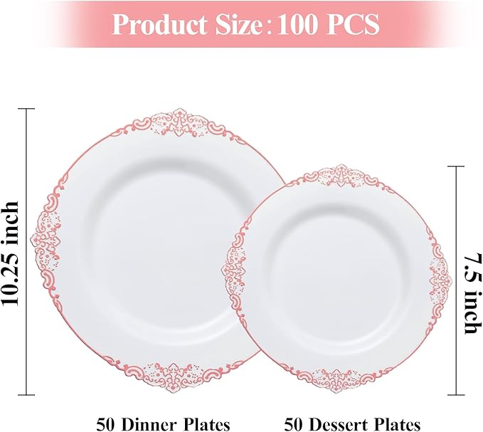 100 PCS White and Rose Gold Plastic Plates for 50 Guests, Rose Gold Disposable Plates Include 50 PCS Dinner Plates, 50 PCS Dessert Plates for Party, Wedding and Baby Shower