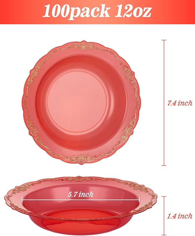 100 Pack Clear Red Plastic Bowls with Gold Rim, 12oz Plastic Salad Bowl, Disposable Bowls for Party, Dinners, Weddings, Christmas, Thanksgiving, Valentine's Day