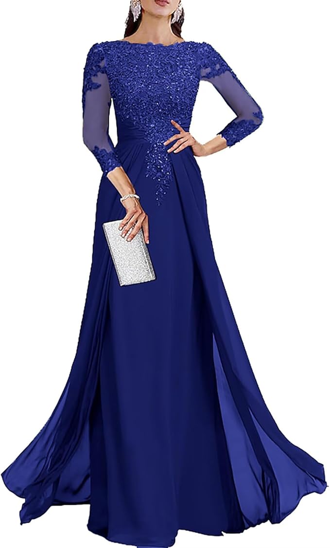 Long Sleeve Mother of The Bride Dresses for Wedding Lace Appliques Chiffon Formal Dress He6052
