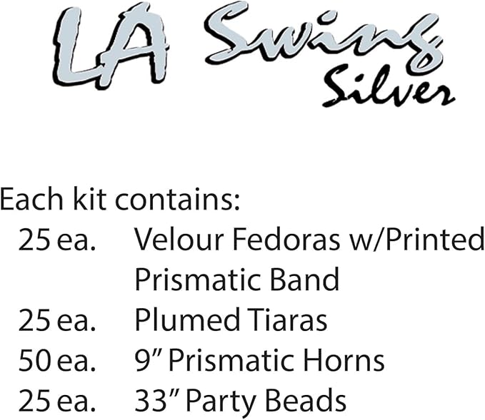 Beistle LA Swing Silver Assortment for 50 People – New Year’s Eve Party Kit with Velour Fedoras, Plumed Tiaras, Prismatic Horns and Party Bead Necklace Accessories for Elegant NYE Group Celebrations