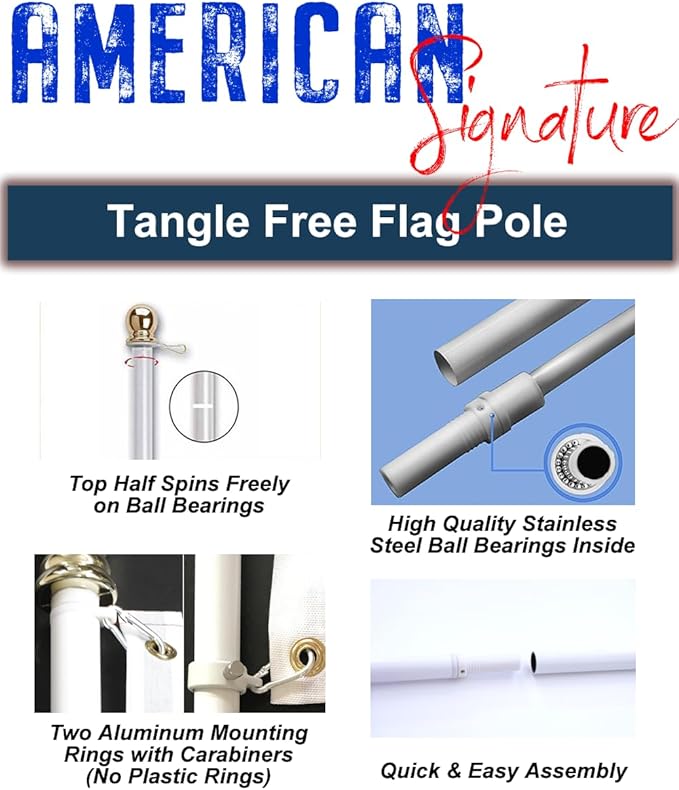 American flag and pole kit set: Includes a 3x5 ft US flag made in USA, 6 ft aluminum tangle free spinning flag pole with carabiners, and flagpole holder wall mount bracket (Black)