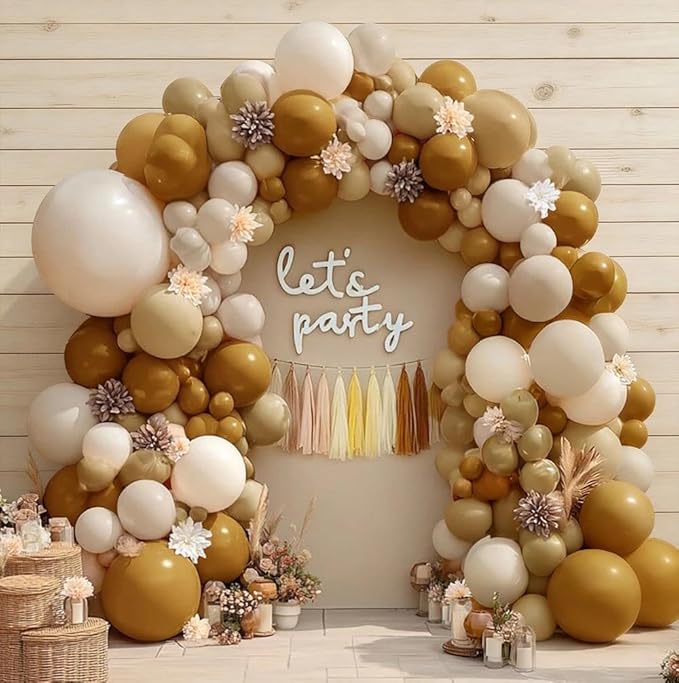 Neutral Balloon Arch Garland Kit - Double Stuffed Brown Nude Beige Cream Gold Balloons with 12pcs Artificial Flowers & 20pcs Tissue Tassels for Birthday Bear Baby Shower Party Decoration