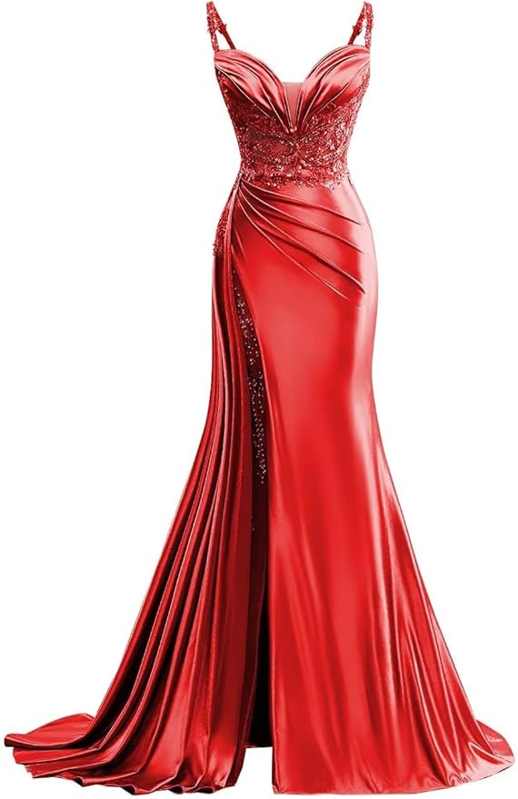 V Neck Satin Prom Dresses Long Mermaid Lace Evening Gown with Slit Pleated Bodycon Formal Dress with Tail