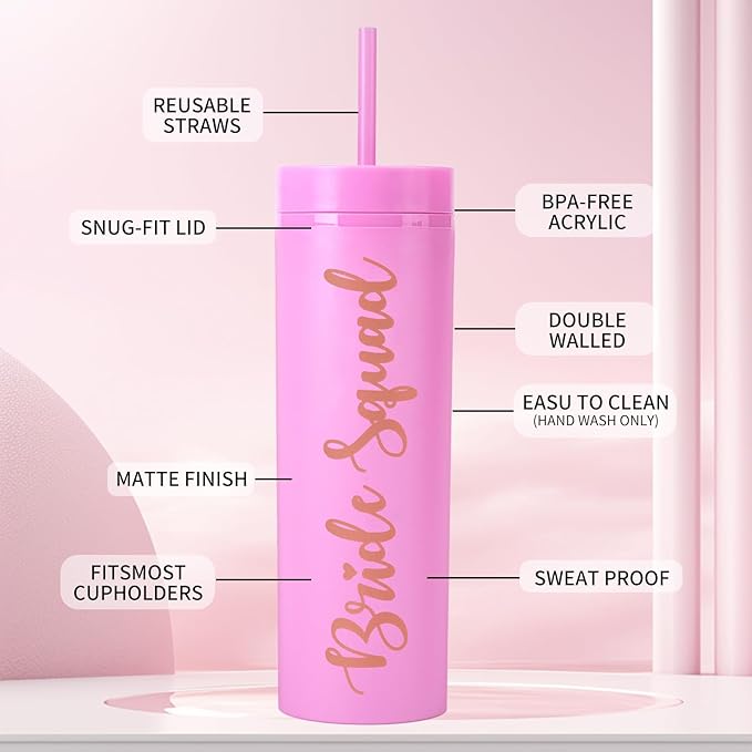 10 Pack Bride to Be Skinny Tumbler | 16 oz Bride & Squad Tumblers | Bachelorette Party Cups & Games (Pink)