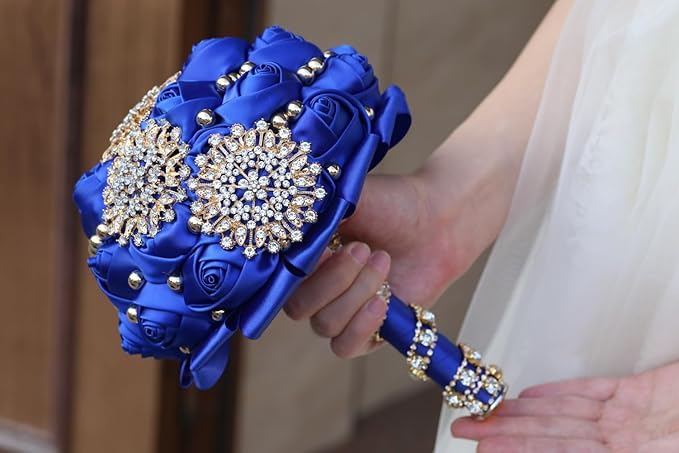 Royal Blue Bridal Wedding Bouquet with Bling Gold Rhinestone Pearl for Bride Bridesmaid Quinceanera Satin Rose Flower Brooch Bouquet Wedding Royal Blue 7.1in