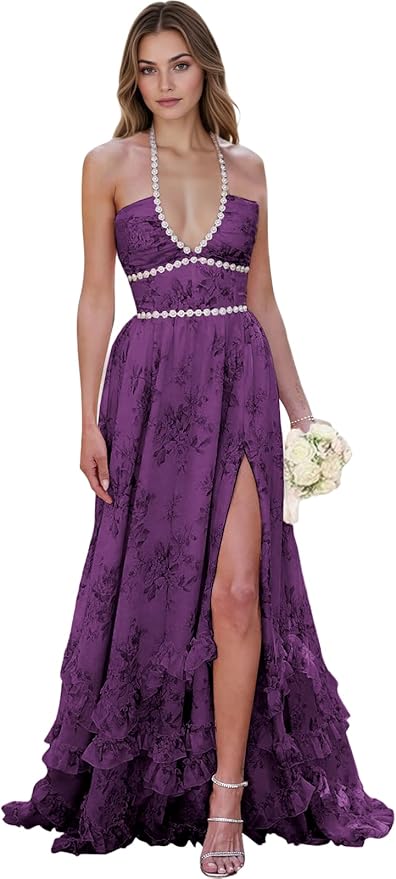 Floral Printed Chiffon Prom Dress for Carmen 2025 Long V Neck Floor Length Photoshoot Dress with Side Slit Ruched