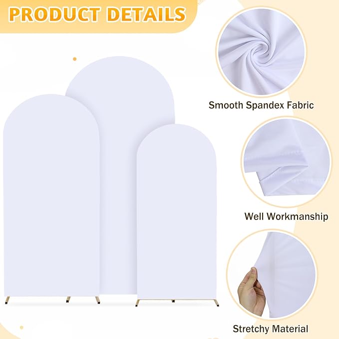 Metal Arch Backdrop Stand and Cover 6&6.6&7.2ft White Arch Backdrop Covers Gold Wedding Arched Frame Set of 3 Arch Stand with Cover for Baby Shower Wedding Banquet Reception Decor