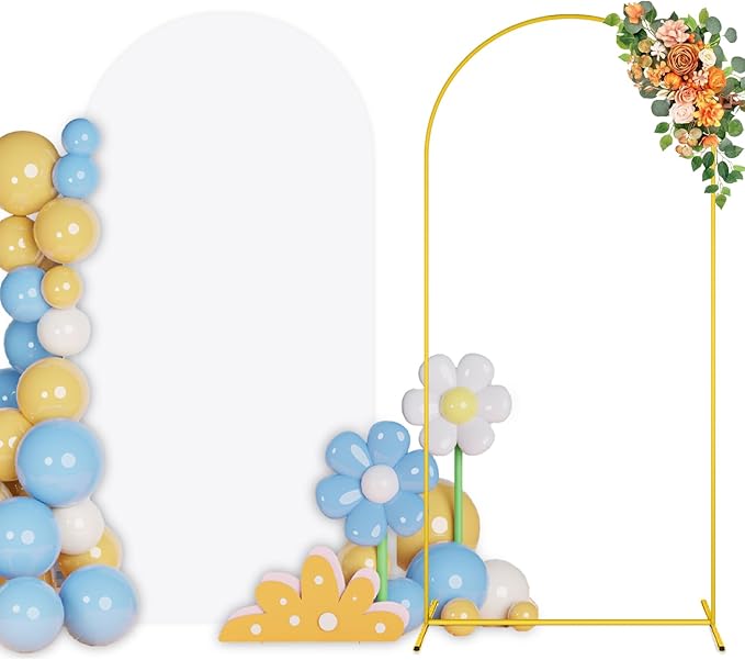7.2 FT Wedding Arch Backdrop Stand with Cover Gold Backdrop Stands for Parties and White Arch Cover Metal Arches Stand and Covers Set for Birthday Party Baby Shower Graduation Banquet Decor