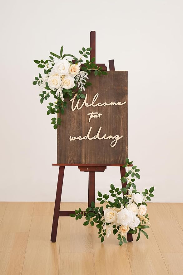 2pcs Champagne & White Deluxe Welcome Sign Artificial Flowers Wedding Backdrop Garland Hanging Floral Arrangements for Ceremony Reception Entryway Board Sweetheart Table