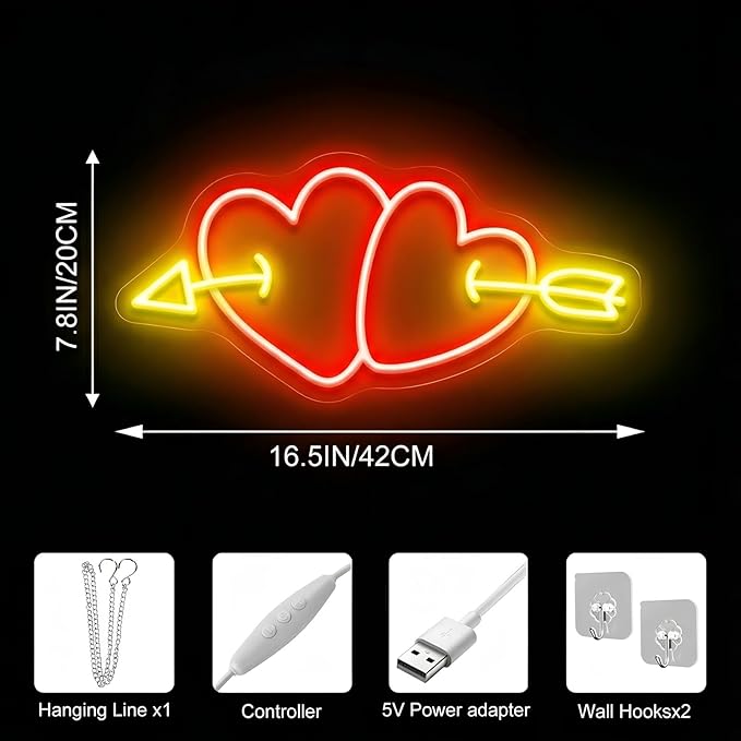 Double Heart Cupid Arrow Neon Sign for Wall Decor, Romantic LED Neon Light for Engagement Party, Wedding & Anniversary Decorations, Symbolic Neon Wall Art for Valentine’s Day Celebration 16.5"x7.9"