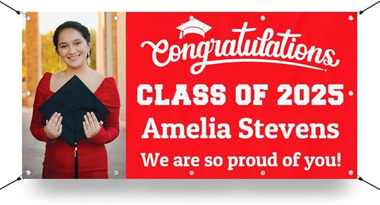 Personalized Graduation Photo Vinyl Banner Sign - Class of 2025 Custom Photo and Name - Milweb1 - Red - 5'x10'