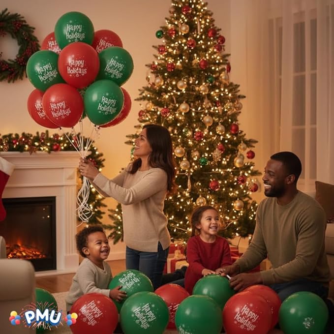 PMU 50 Pcs Christmas 17 Inch Latex Balloons – Red & Green Assorted “Happy Holidays” Party Balloons for Xmas Decorations, Holiday Events, Indoor Outdoor Christmas Party Supplies