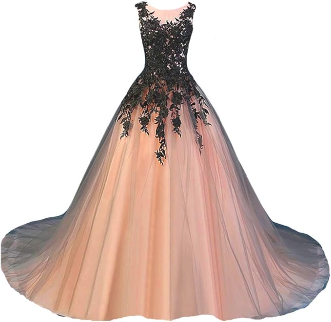 Kivary Gothic Gray Tulle Long Black Lace Sheer Bateau Prom Wedding Dresses