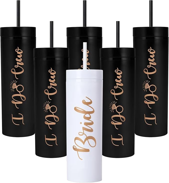 6 Pack Bride to Be Skinny Tumbler | 16 oz Bride & I Do Crew Tumblers | Bachelorette Party Cups | Engagement Wedding Gifts Bridesmaids Mugs Bachelorette Party Supplies & Games(Black)