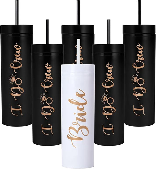 6 Pack Bride to Be Skinny Tumbler | 16 oz Bride & I Do Crew Tumblers | Bachelorette Party Cups | Engagement Wedding Gifts Bridesmaids Mugs Bachelorette Party Supplies & Games(Black)
