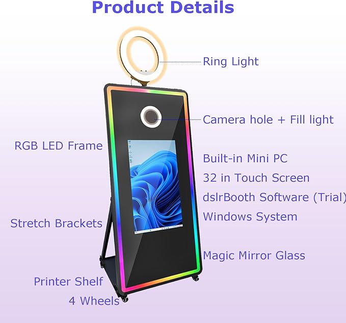 Photo Booth with Printer Magic Mirror Photo Booth 32-inch Touch Screen Built-in Mini PC Ring Light RGB LED Frame Selfie Photobooth Machine for Party Events Rental Wedding Instant Printing