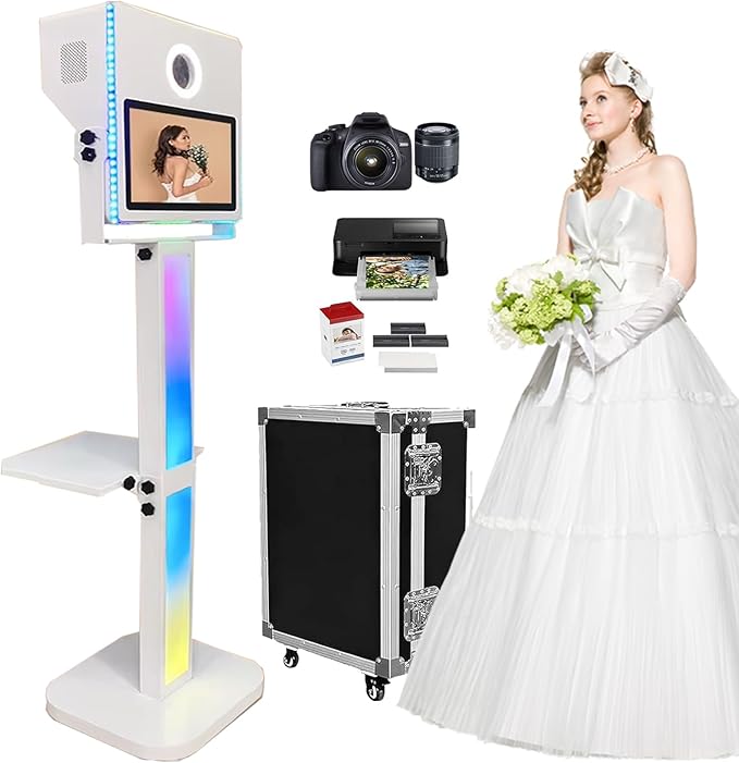 Mirror Photo Booth with Printer and Camera, Portable DSLR Booth 15.6 inch Touch Screen Selfie Photobooth Machine RGB Lights Stand for Wedding School Party Events (White Color Full Set)