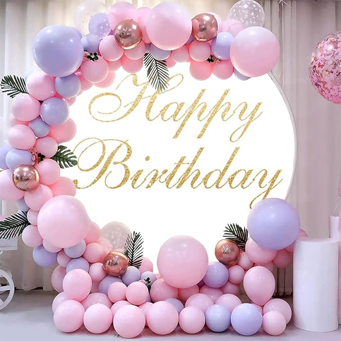 OERJU Happy Birthday Round Backdrop Cover White and Gold Birthday Party Photography Background Adult Kids Bday Party Decoration Circle Backdrop Cover Cake Table Banner Photo Shoot Props 7.2x7.2ft