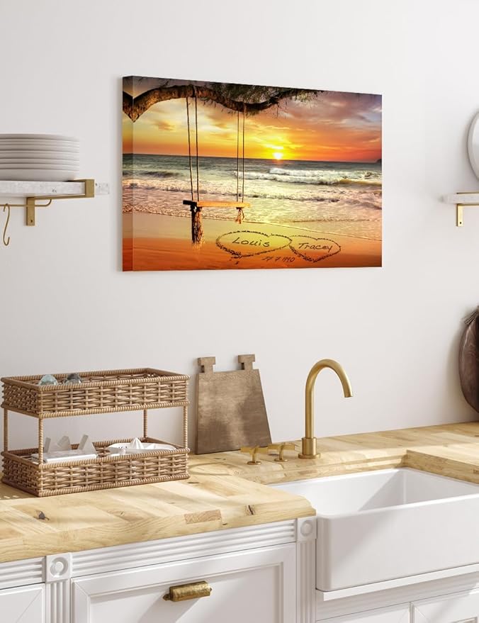 IPIC - "Eternal Love Personalized Canvas Wall Art, Custom Beach Sunset Scene with Names and Date in Sand, A Personalized Gift for Couple, Wedding, or Anniversary, Coastal Home Decor