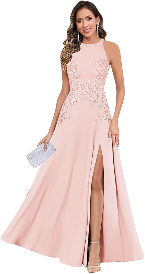 GUKARLEED Halter Lace Appliques Mother of The Bride Dresses for Women Long A-line Formal Wedding Guest Dress with Slit