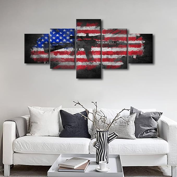 TISHIRON 5-Piece American Flag Wall Art - Canvas & Wooden Flags, Army & Military Wall Decor, Ready to Hang - 50" W x 24" H