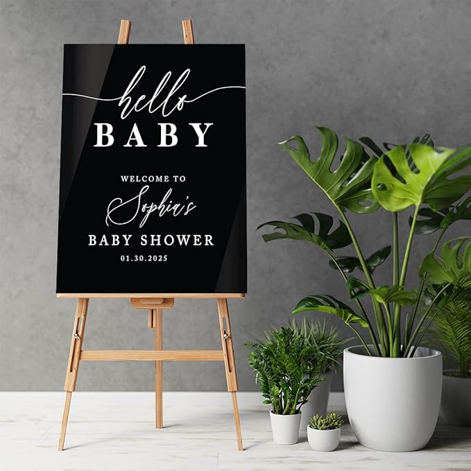 Andaz Press 16"x20" Black Acrylic Personalized Baby Shower Welcome Sign, Gender Neutral Large Custom Sign for Easel Stand, Classic Modern Baby Shower Decorations