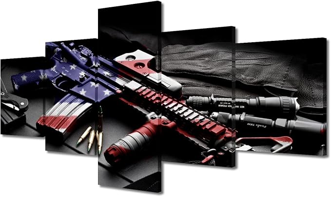 Retro Gun American Flag Military Canvas Print Art Independence Day Home Decor Wall Art Pictures for Living Room 5 Panel Large Poster Painting Stretched by Wooden Framed Ready to Hang 50"Wx24"H