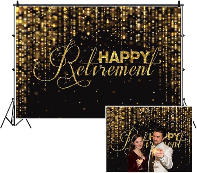10x10ft Happy Retirement Photography Backdrop Luxury Black and Gold Party Backdrop Background Gold Glitter Celebrate Retirement Party Decorations Wallpaper Studio Props Bokeh Banner Supplies