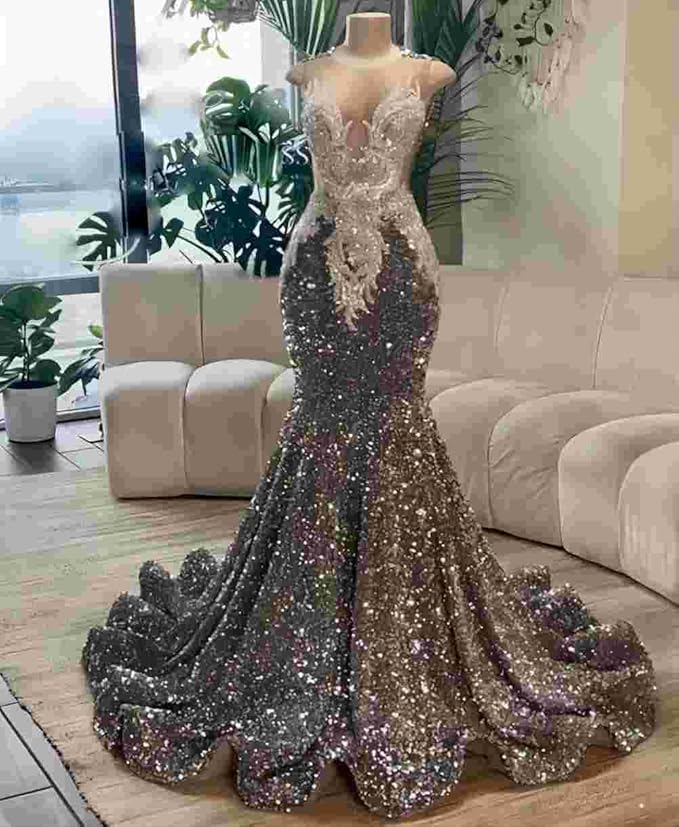 Datangep Crew Neck Sequined Mermaid Prom Dress Applique Crystal Evening Dress Celebrity Pageant Gown