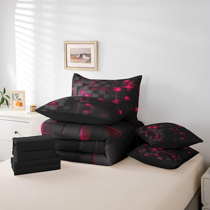 Feelyou Rose Red and Black Bedding Set Full Size Kids Light Geometric Comforter Set with Sheets 7 Piece Bed in a Bag forModern Bed Set with Comforter,Sheets,Pillowcases,Cushion Covers