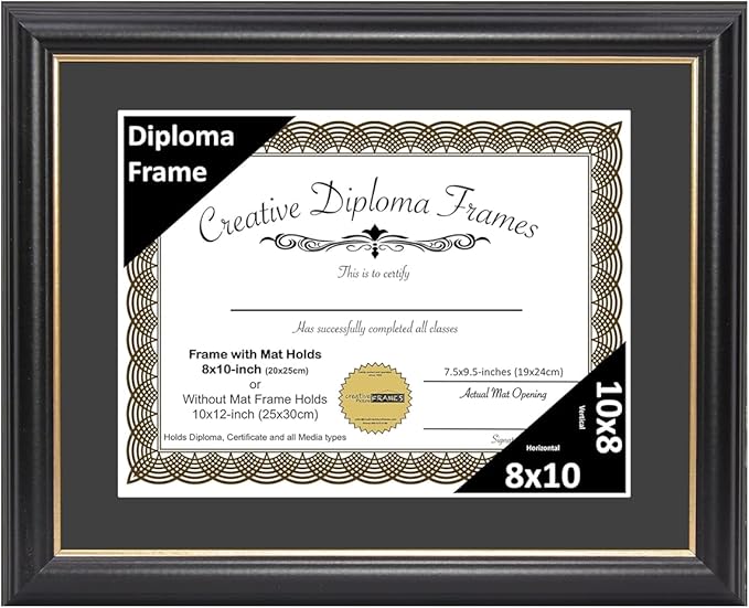 Creative Picture Frames 8" x 10" Rockefeller Black with Gold Rim Diploma Frame, Displays 8" x 10" Certificate or 10" x 12" Document without Mat, College Degree Frame, Full-Strength Glass, Black Mat