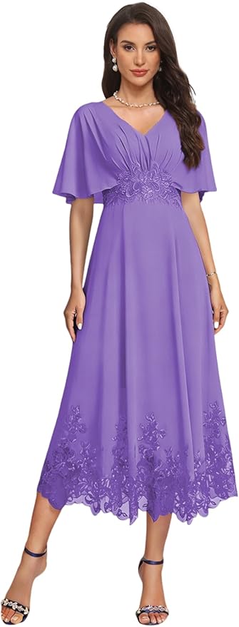 Tea Length Mother of The Bride Dress with Sleeves Laces Formal Evening Gowns for Wedding V Neck Wedding Guest Gown ZMX37