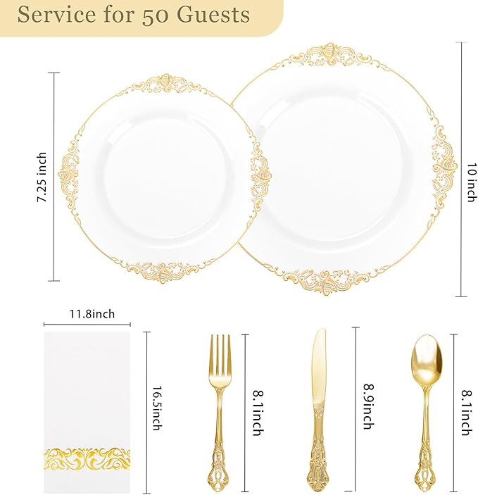 Ciaell 300PCS White and Gold Plastic Plates - Gold Disposable Dinnerware Sets for 50 Guests - 100 Plates, 50 Knives, 50 Forks, 50 Spoons, and 50 Napkins for Wedding, Anniversary, Party