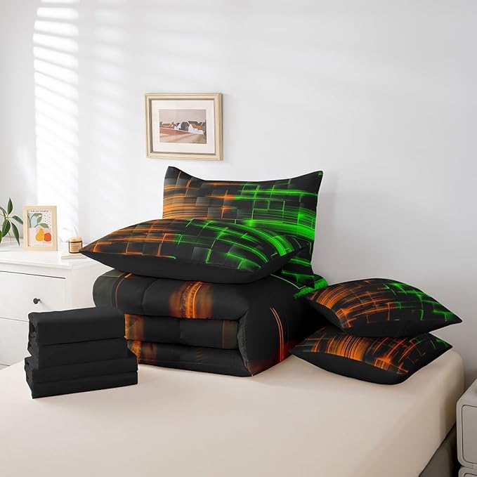 Feelyou Green and Orange Comforter Set with Sheets 7 Piece King Size Kids Geometric Bed in a Bag Strip Lines Bedding Set Abstract Art Bed Set with Comforter, Sheets,Cushion Covers