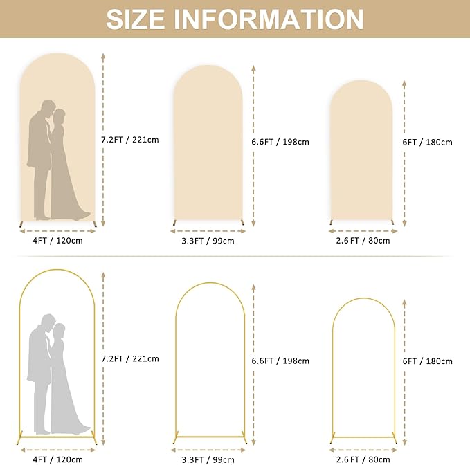 Wedding Arch Stands and Beige Arch Covers 6FT 6.6FT 7.2FT Spandex Arch Stand Cover for Metal Round Top Balloon Arched Frame for Birthday Party Wedding Decoration