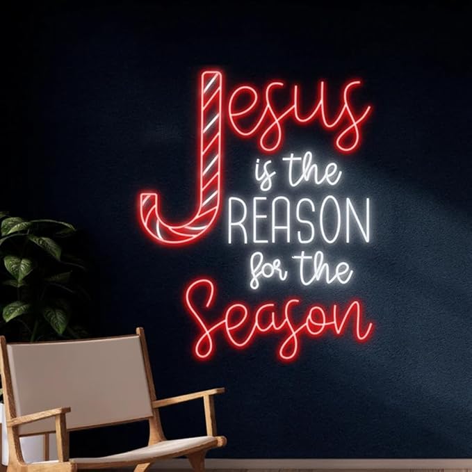Jesus Is The Reason For The Season Cross Neon Sign, Christmas Led Sign, Merry Christmas Neon Light, Jesus Happy New Year Room Wall Art Decor Size:20inches