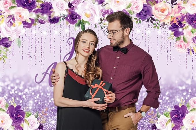 10x6ft Happy Anniversary Backdrop, Floral Glitter Backdrop for Women Wedding Anniversary Decoration Violet and Pink Flowers Photography Background Cake Table Banner Party Decor