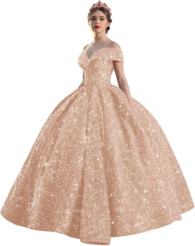 Quinceanera Dress Long Ball Gown Sparkly Sequin Off Shoulder V Neck Prom Dresses