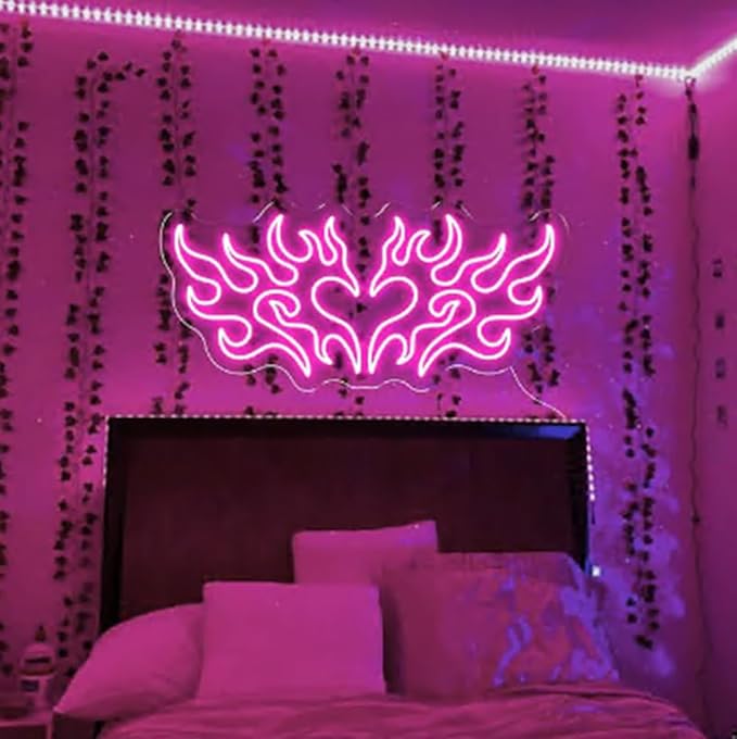 Large Heart Flame Neon Sign, Gothic Style Light Sign, Personalized Gift,Bedroom Decor,Heart Wall Art Décor Size:24in x 11.2in