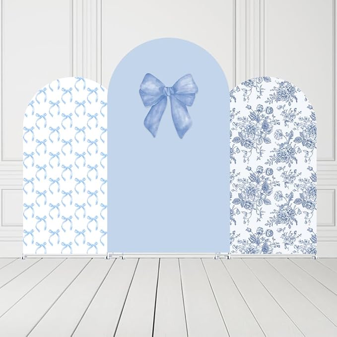 Blue Bows Birthday Party Arch Backdrop Covers Baby in Blooms Floral Baptism Shower Wedding Parties Decorations Top Round Arch Stand Spandex Cover (4098,7.2x4ft)