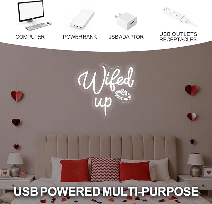 Wifed Up Neon Sign, Funny Romantic LED Light with Engraving Ring for Valentine's Day, Wedding Decor Sign, Bedroom, Party Decor, Couple Space 11.8″ × 10.6″