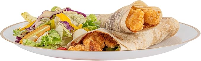Restaurantware Plastic Plates 100 Pcs 10" Gold Rimmed Disposable Plates Heavy-Duty White Translucent Rippled Plastic Dinner Servers for Party, Weddings, Salads, Desserts, and Appetizers
