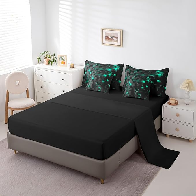 Feelyou Teal Blue and Black Bedding Set Twin Size Kids Light Geometric Comforter Set with Sheets 7 Piece Bed in a Bag forModern Bed Set with Comforter,Sheets,Pillowcases,Cushion Covers