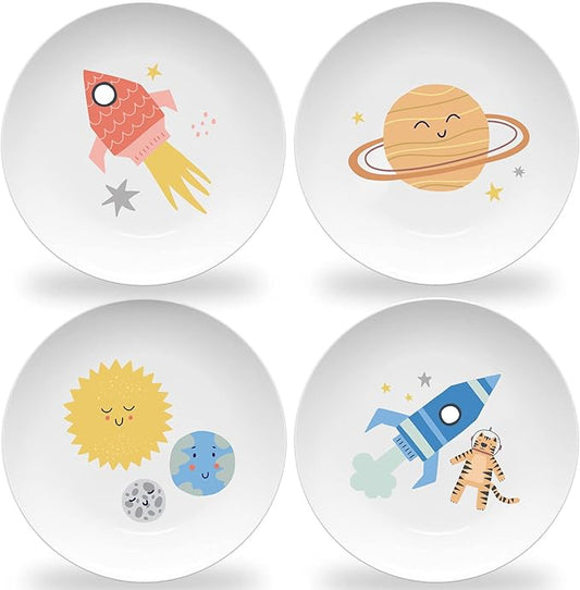 Tiny Expressions Space Adventure Plates – 10" Set of 4 Reusable Melamine Plates with Outer Space Rockets, Planets, and Astronaut Animals – Ideal for Everyday Use, Table Decor, Birthdays & Party Favors
