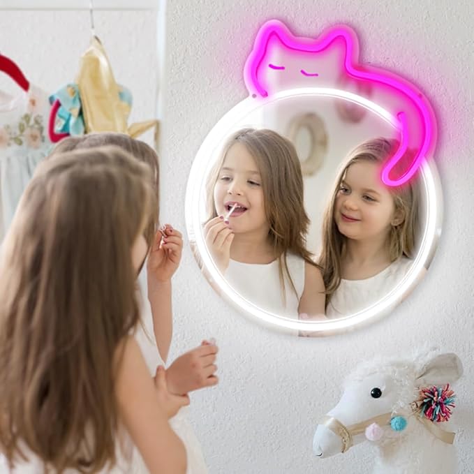 jXIN Cat Neon Signs Mirror 16.53"x13.38" USB Powered with Dimmer LED Cute Neon Light for Wall Room Decor Bedroom Living Room Party Studio Shop Birthday Gifts for Girls