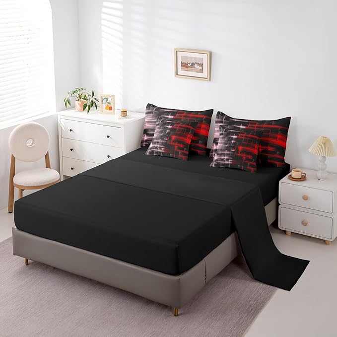 Feelyou Red and Pink Comforter Set with Sheets 7 Piece Full Size Kids Geometric Bed in a Bag Strip Lines Bedding Set Abstract Art Bed Set with Comforter, Sheets,Pillowcases,Cushion Covers
