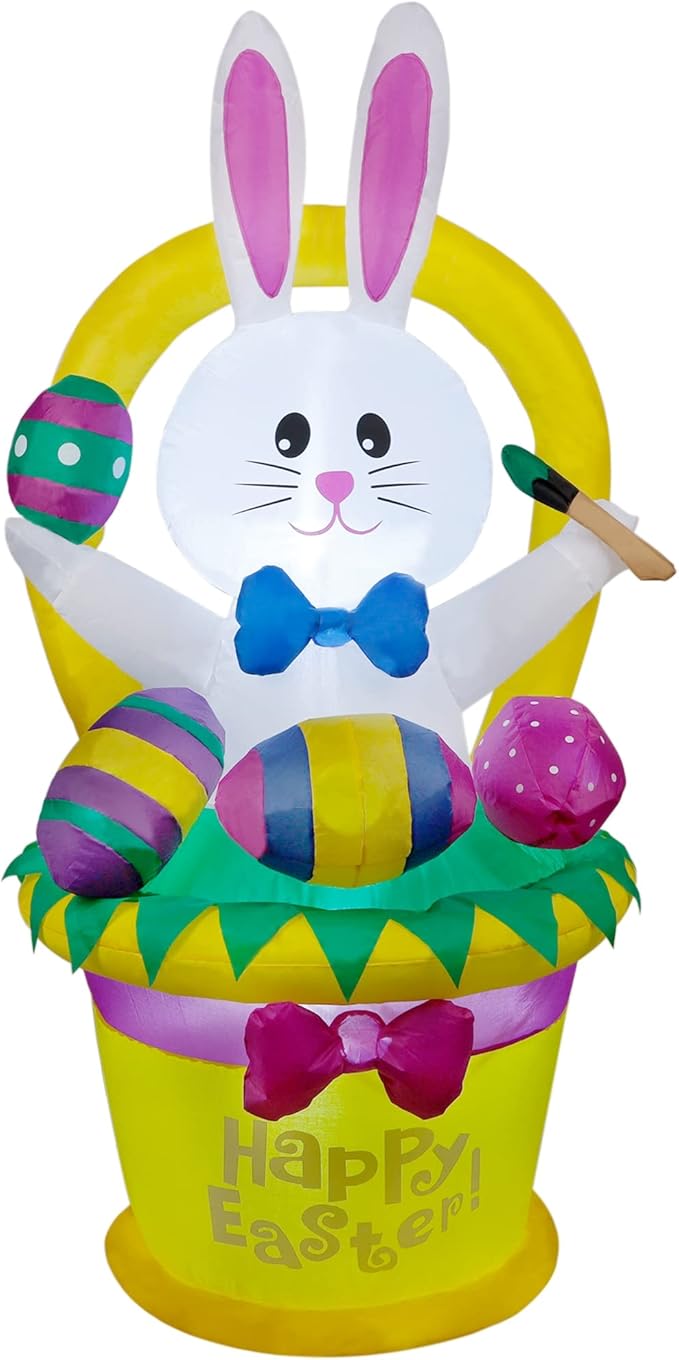 5 FT Easter Inflatable Outdoor Decoration, Inflatables Bunny with Basket and Eggs, Happy Easter Blow up Rabbit for Yard Lawn Garden Holiday Party