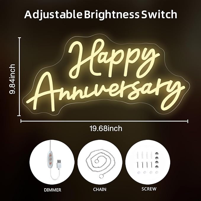 Happy Anniversary Neon Sign for Wall Decor Wedding Birthday Party Bedroom Bar Shop,Led Signs,Decoration Neon Lights for Bar Pub Christmas,Restaurant,Bedroom Wall Decor