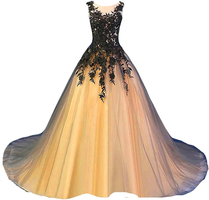 Kivary Gothic Gray Tulle Long Black Lace Sheer Bateau Prom Wedding Dresses