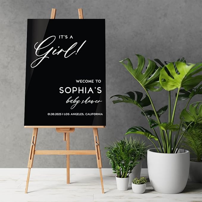Andaz Press 16"x20" Black Acrylic Personalized Baby Shower Welcome Sign, Gender Neutral Large Custom Sign for Easel Stand, It's A Girl Baby Shower Decorations